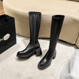 Leg Slimming Thick Soled Height Increasing Black Long Boots for Women Round Toe Chunky Heel High Heel Short Petite Slim Boots