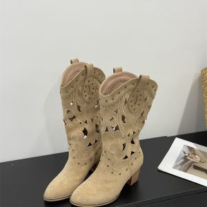 Cowhide Leather Embroidered Western Boots for Women - Suede Hollow Out Pointed Toe Mid Calf Chunky Heel Riding Boots