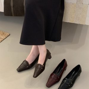 2025 Autumn French Style Commuter Versatile Small Leather Shoes Women Square Toe Chunky Heel Low Top High Heel Elegant Slip-on Loafers