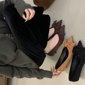 French Style Black High Heel Shoes for Women 2025 New Autumn Spring Velvet Bow Pointed Toe
