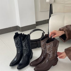 2026 Autumn New Western Cowboy Boots for Women V-Toe Mid Calf Slim Retro Short Boots