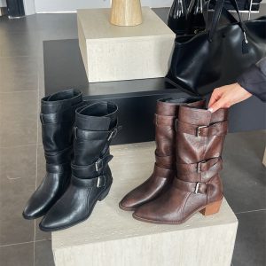 2026 New Trendy Design Belt Buckle Chunky Heel Mid Calf Boots Women British Style Martin Boots Stack Boots Knight