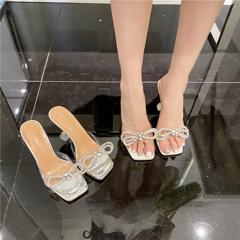 2026 Transparent High Heel Women's Shoes Thin Heel Summer New Bowknot Sexy Crystal Heel Rhinestone Sandals