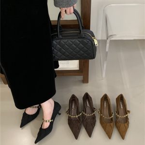 Chain Pointed Toe Shallow Mouth Women's High Heels Slip On Wine Glass Heel Work Shoes Fashion