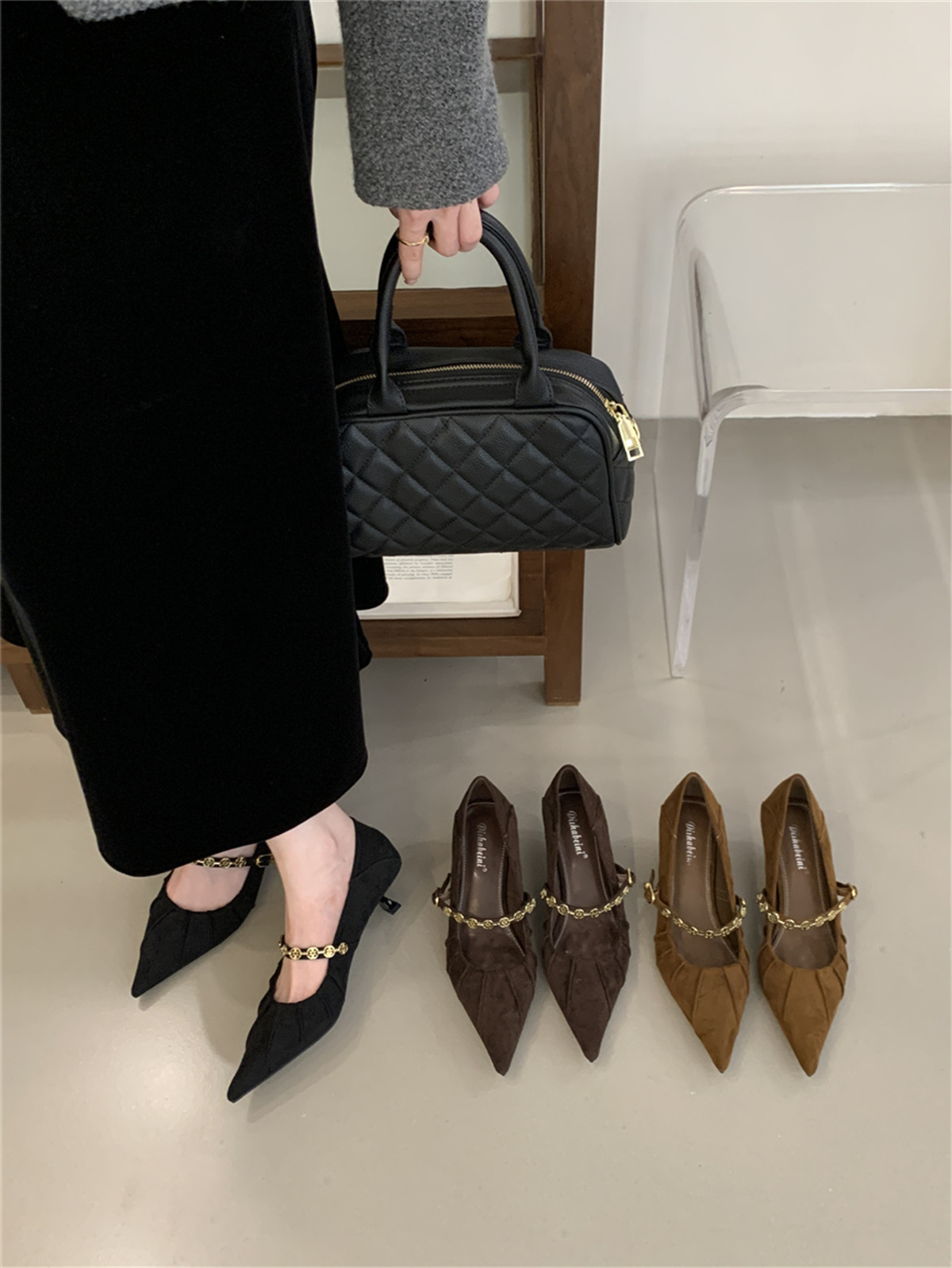 Chain Pointed Toe Shallow Mouth Women's High Heels Slip On Wine Glass Heel Work Shoes Fashion