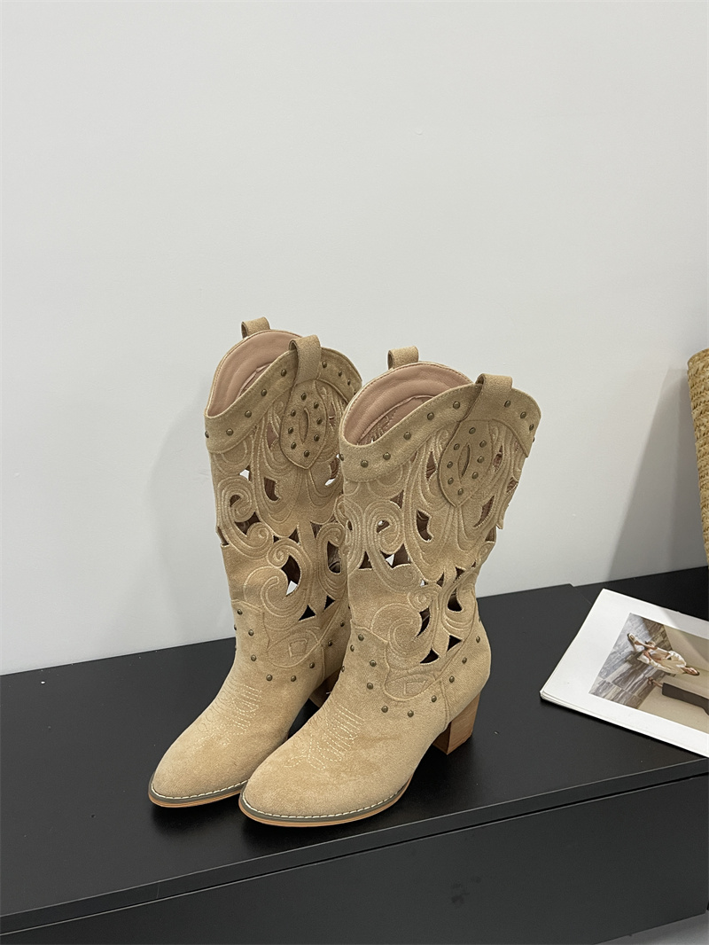 Cowhide Leather Embroidered Western Boots for Women - Suede Hollow Out Pointed Toe Mid Calf Chunky Heel Riding Boots