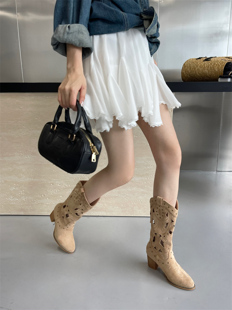 Cowhide Leather Embroidered Western Boots for Women - Suede Hollow Out Pointed Toe Mid Calf Chunky Heel Riding Boots - Image 2