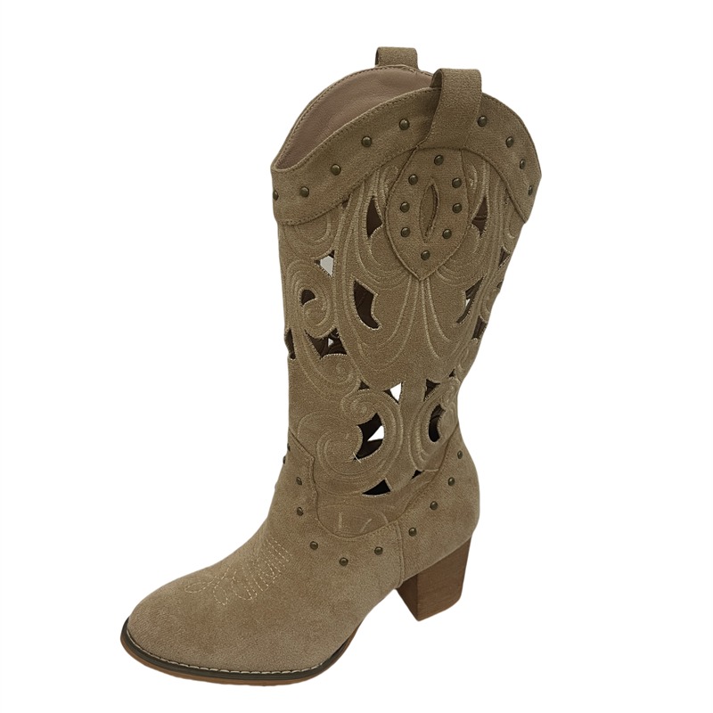 Cowhide Leather Embroidered Western Boots for Women - Suede Hollow Out Pointed Toe Mid Calf Chunky Heel Riding Boots - Image 5