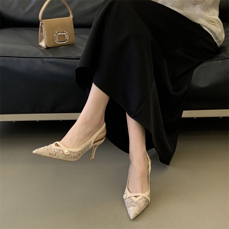 Elegant French Lace High Heel Sandals for Women 2026 Autumn New Pointed Toe Open Back Sexy Ankle Strap - Image 3