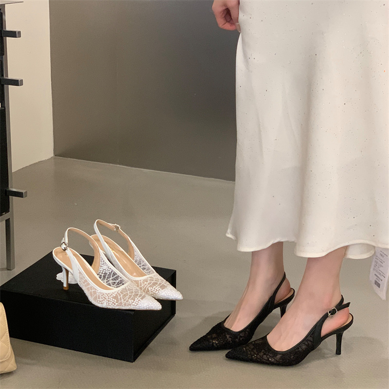 Fortune One Foot Mesh High Heel Sandals 2026 Autumn New Lace Pointed Toe Sexy Closed Toe One-Strap High Heels