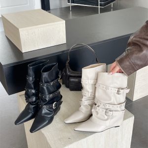 French Style White Short Boots Pointed Toe Wide Shaft Slim Leather Belt Buckle Rivet Wedge Mid Calf Boots