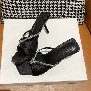 Leopard High Heel Slippers for Women 2026 New Summer Sexy Open Toe Bow Fashion Rhinestone Heels
