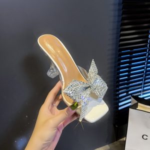 Summer 2026 Crystal High Heel Slippers for Women with Rhinestone Butterfly Bow Transparent French Style Dress Shoes