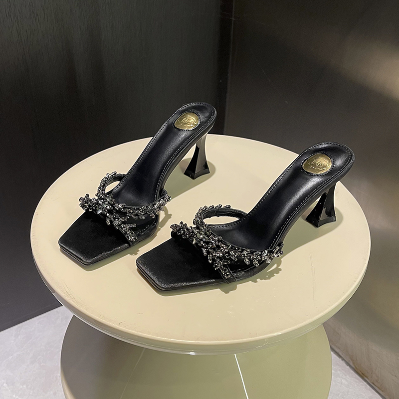 Summer Starry Bling Rhinestone High Heel Square Toe Open Toe Slippers for Women - Image 3