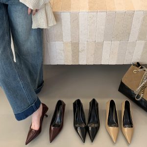 Women's Black High Heel Shoes 2025 Autumn New French Pointed Toe Mid Heel Office Shoes