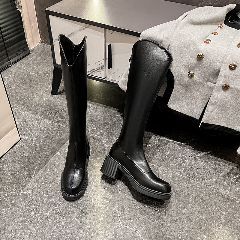 Women's High Heel Thick Sole V-Mouth Riding Boots, Chunky Heel High Top Stretch Slim Boots for Petite Women - Style 05b239