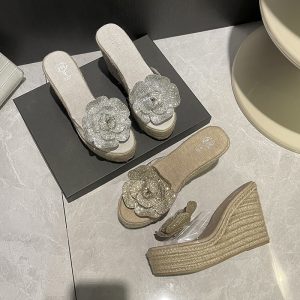 Woven Thick Platform Wedge Sandals for Women 2026 Summer New Fashion Transparent Rhinestone Flower Outdoor High Heel Slide Slippers